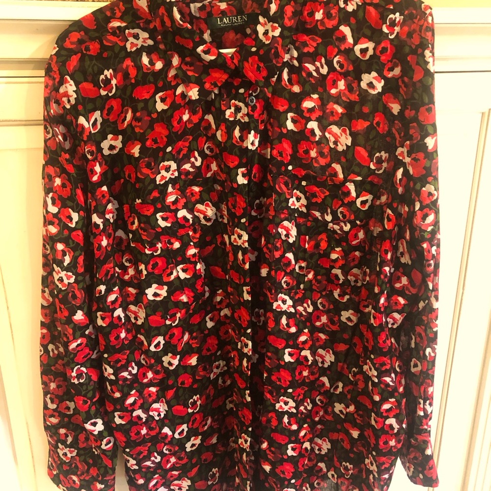 Lauren by Ralph Lauren red and green polyester floral long sleeve shirt XL size